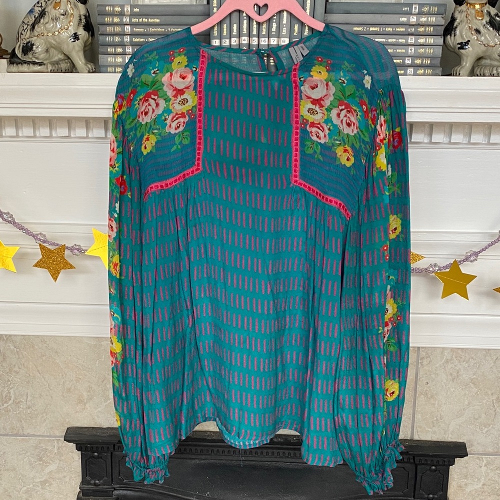 Anthropologie Teal Floral Women's Top